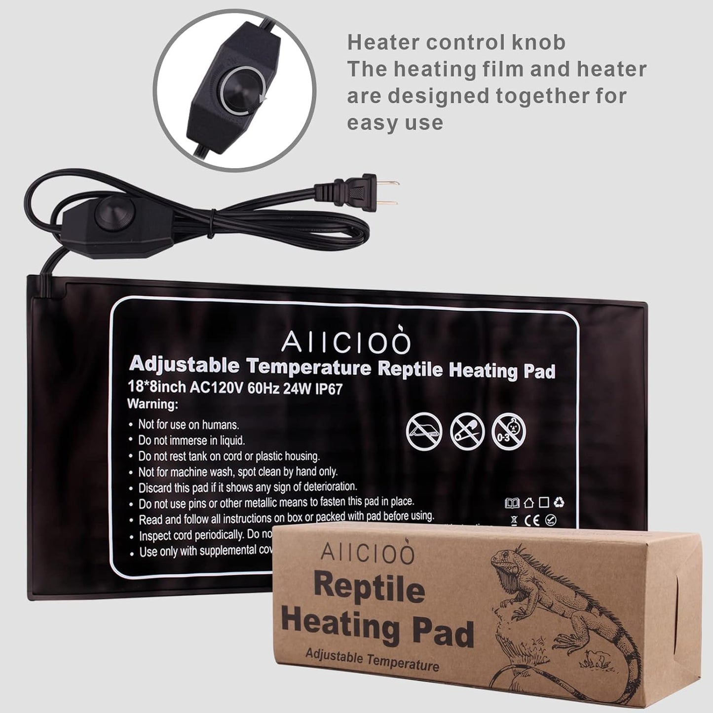 Aiicioo Reptile Heating Pad 24W - Reptile Heat Mat Pad for Bearded Dragon Leopard Gecko Hermit Crab Heater for 40 Gallon Reptile Tank