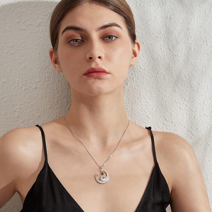jiamiaoi 18K White Gold Plated Cat Necklace 925 Sterling Silver Diamond Cat Necklace Silver Cat On Moon Necklace for Women Gift for Birthday/Christmas, Come with Gift Box