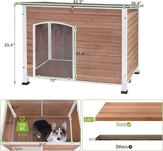 GUTINNEEN Dog House Outdoor Weatherproof with Anti-bite Metal Frame Large Indoor Wooden Dog Kennel for Medium to Large Dogs, 43.3" L × 29.4" W × 33.4" H