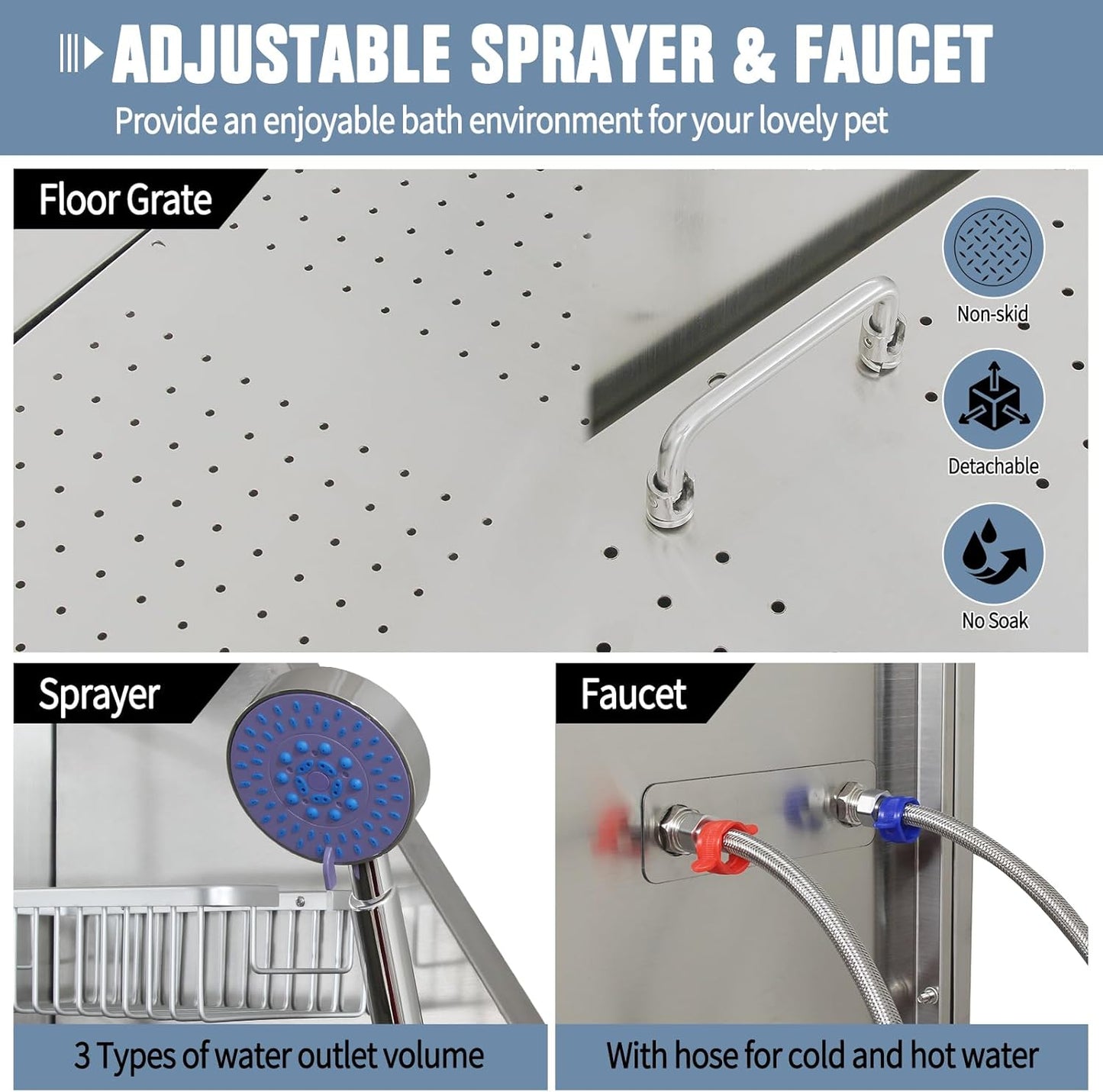 Dog Washing Station 38'' Stainless Steel Pet Grooming Tub for Large Dogs Over-Size Professional Dog Grooming Bathtub Station Wash Shower Sink Pet Grooming Bathtub Station