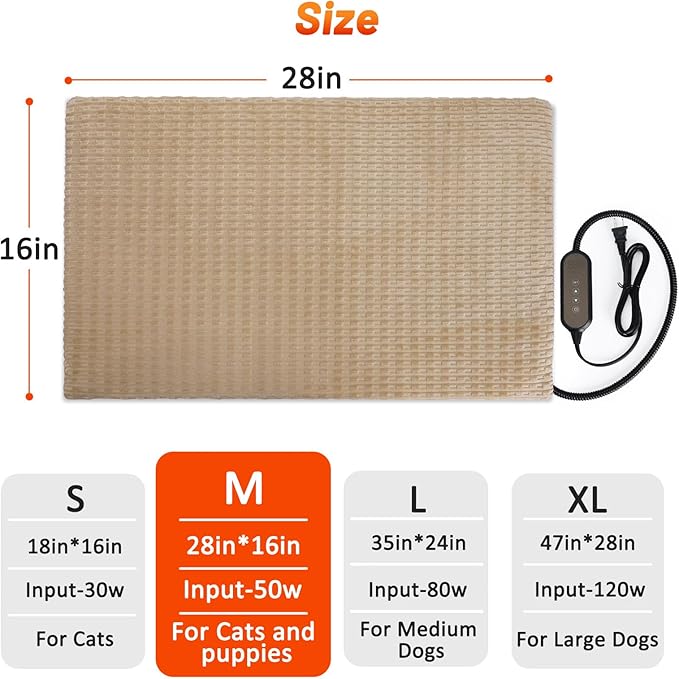 Cat Heating Pad, Waterproof Heated Cat Dog Bed with Adjustable Temperature & Timer, Electric Pet Mat for Indoor Cats Dogs, Chew Resistant Steel Cord(Medium : 28"x20" Brown)