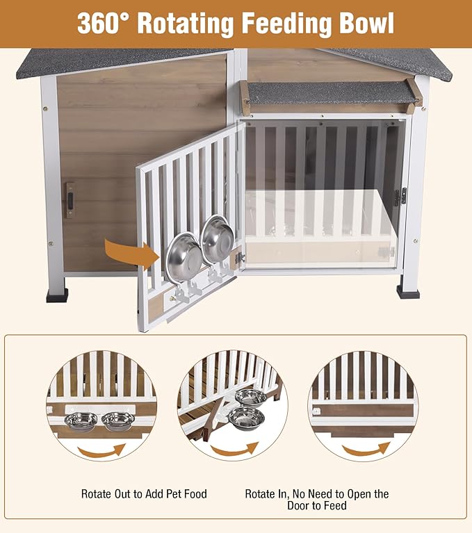 GUTINNEEN Dog House Outdoor with Anti-Chewing Metal Frame, Wooden Dog Kennel with 360Β° Rotating Feeding Bowl, Weatherproof Roof, for Indoor & Outdoor Use - Brown