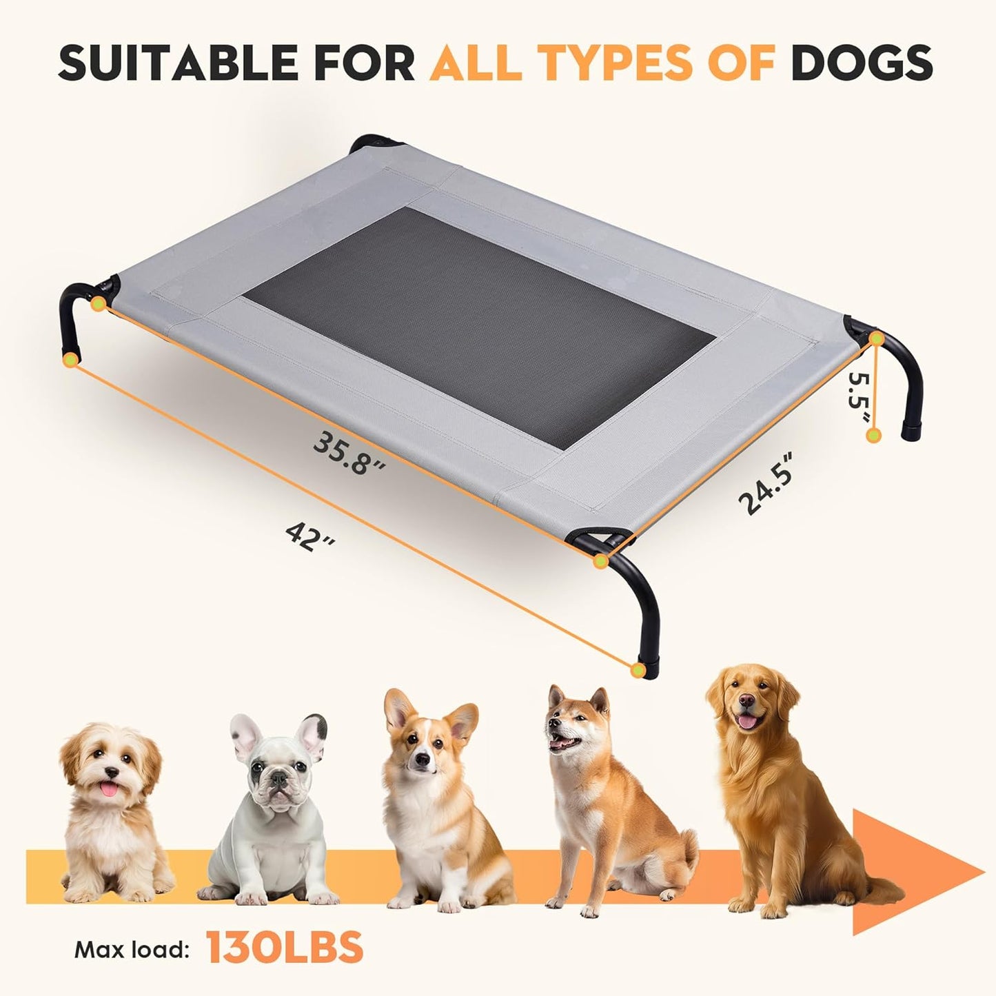 Elevated Dog Bed Raised Dog Bed Outdoor for Large Medium Size Dogs Place Bed Easy Clean Breathable, Comfortable,Rugged Durable Raised Pet Bed Up to 130 lbs,42in