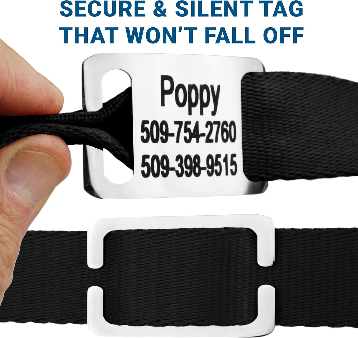 GoTags Reflective Personalized Dog Collar with Nameplate, Adjustable Dog Collar with Custom Engraved Steel Slide On Pet ID Tag, Silent, No Noise Dog Tag for Large Medium or Small (Charcoal, Medium)