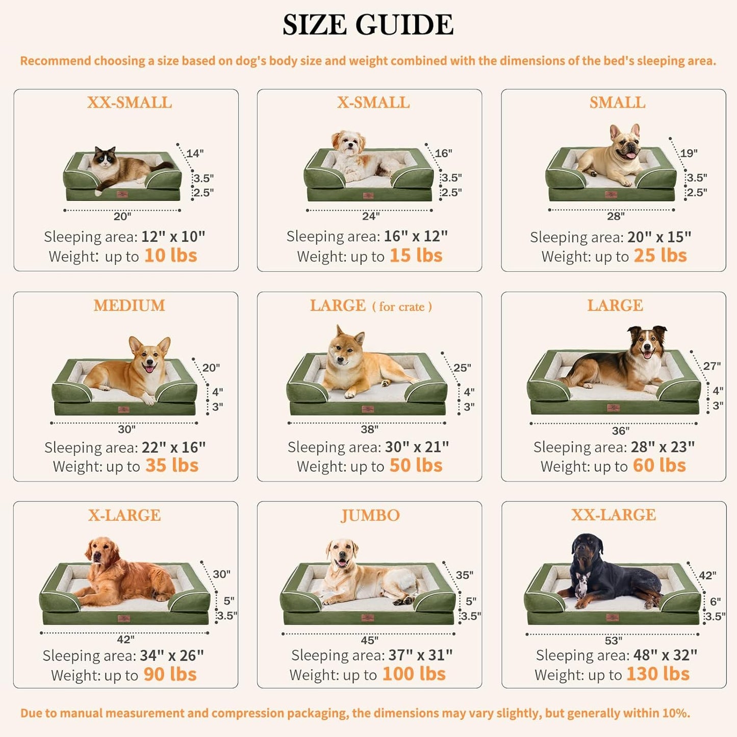 Comfort Expression Large Dog Beds Waterproof Orthopedic Foam Dog Sofa Beds Comfy Pet Bed with Washable Removable Cover & Non-Slip Bottom(Large,Light Green)