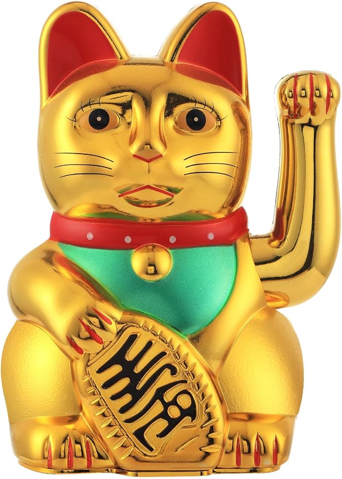 Gold/Black/White Maneki Neko Lucky Cat,Fengshui Cat- Waving Arm Battery Operated for Fortune Money and Good Luck (Gold, 10 in)
