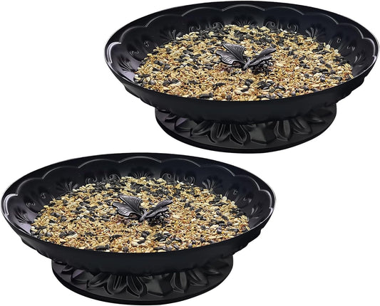 Ground Platform Bird Feeder Tray,11” Metal Large Standing Bird Feeder Mesh Seed Tray,for Outdoor Garden (Black-2 Pack)