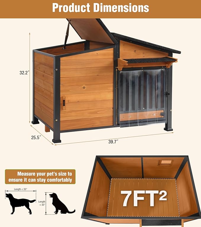 GUTINNEEN Heated Dog House Outdoor with Electric Heating Pad, Insulated Wooden Dog Kennel with 360Β° Rotating Feeding Bowl, Anti-Chewing Metal Frame, Natural Wood Color