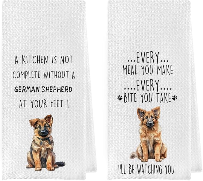 Gqtt German Shepherd Dish Towels Set - Funny German Shepherd Gifts Waffle Weave Kitchen Towels, Decorative Hand Tea Towels for Bathroom Kitchen (1624 Inches Set of 2)