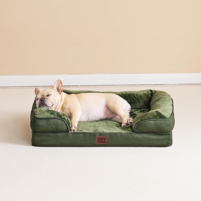 EHEYCIGA Orthopedic Dog Beds for Large Dogs, Waterproof Memory Foam Large Pet Bed with Sides, Non-Slip Bottom and Egg-Crate Foam Dog Couch Bed with Washable Removable Cover, Dark Green