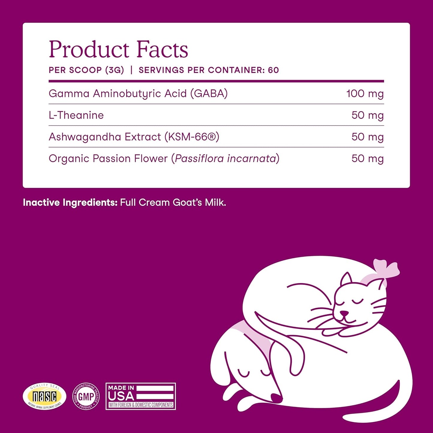 Fera Pets Goat Milk - Calming Supplement for Dogs & Cats - Ashwagandha, L-Theanine, & Passion Flower - Supports Anxiety Relief & Relaxation - for Picky Eaters - 60 TSP