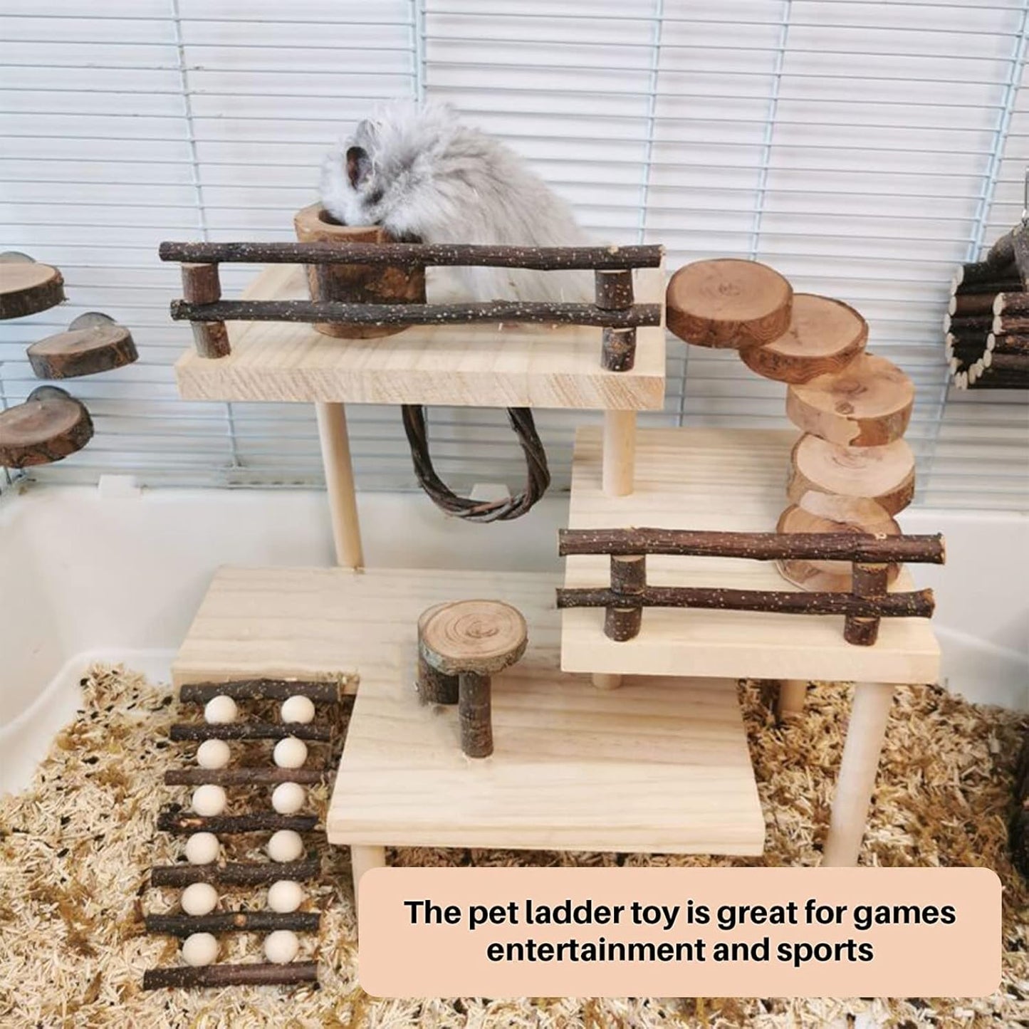 HOSUKKO Hamster Climbing Toys 3-Tier Extra Large Hamster Playground Natural Wooden Small Animal Platform Toys Hamster Exercise Activity Climbing Platform with Bridge for Gift