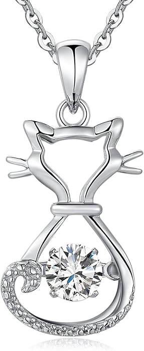jiamiaoi 18K White Gold Plated Cat Necklace 925 Sterling Silver Diamond Cat Necklace Silver Cat On Moon Necklace for Women Gift for Birthday/Christmas, Come with Gift Box