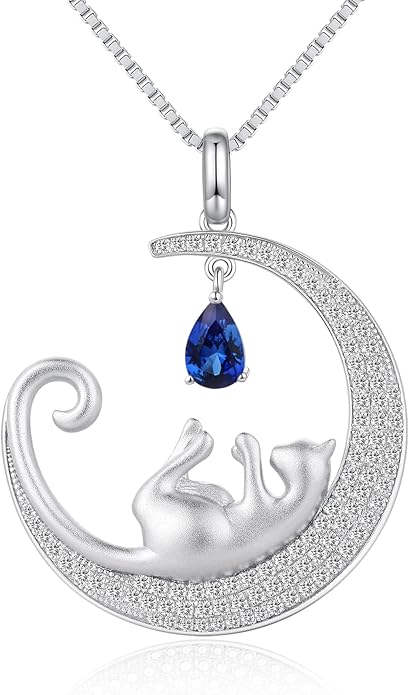 jiamiaoi 18K White Gold Plated Cat Necklace 925 Sterling Silver Diamond Cat Necklace Silver Cat On Moon Necklace for Women Gift for Birthday/Christmas, Come with Gift Box
