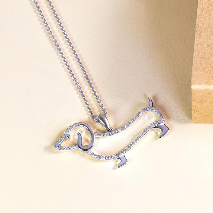 Jewelili Sterling Silver Dachsund Dog Pendant Necklace | Natural White Round Diamonds | 18" Rolo Chain | Fine Jewelry with Gift Box | Timeless Fashion Jewelry Gift for Her