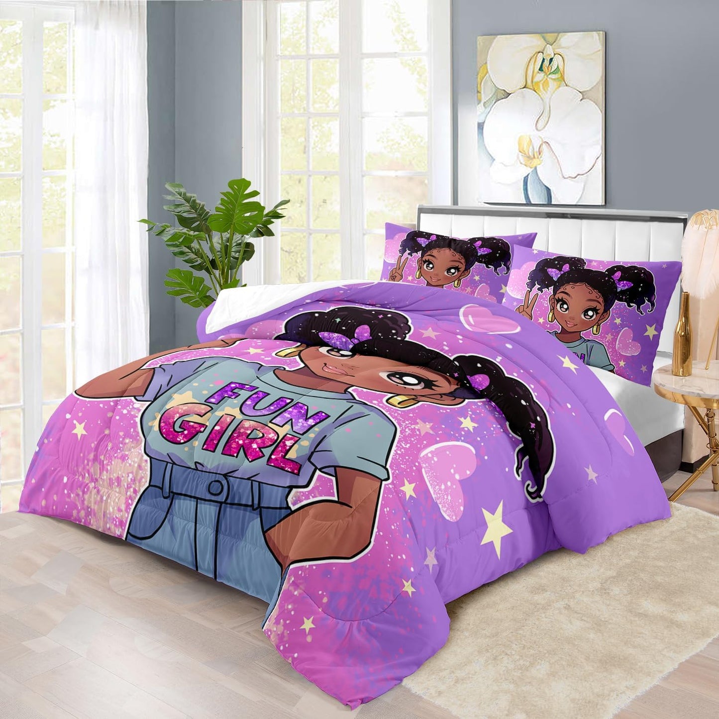 African American Black Girl Comforter Set Queen Size,Cute Black Girl Bedding Set Queen for Kids,Kawaii Heart Comforter Purple Bedding Decor for Teen,Purple Bed Quilt