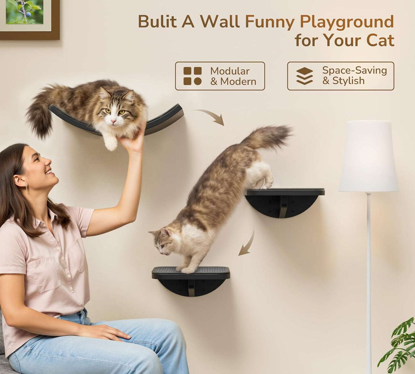 Gray Cat Wall Shelf with Grey Sisal Mat, Curved Cat Bed for Scratching and Resting, Wall Mounted Hammock for Large Cats