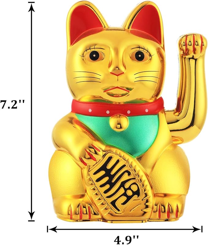 Gold/Black/White Maneki Neko Lucky Cat,Fengshui Cat- Waving Arm Battery Operated for Fortune Money and Good Luck (Gold, 8 in)