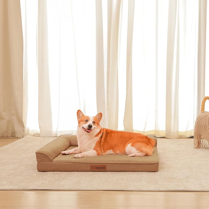 Orthopedic Dog Bed for Large Dogs, 36"x27"x6" Memory Foam Pet Bed with Washable Microsuede Cover, TPU Waterproof Liner & Nonskid Bottom, for Indoor, Outdoor, Crate & Car Use, Khaki