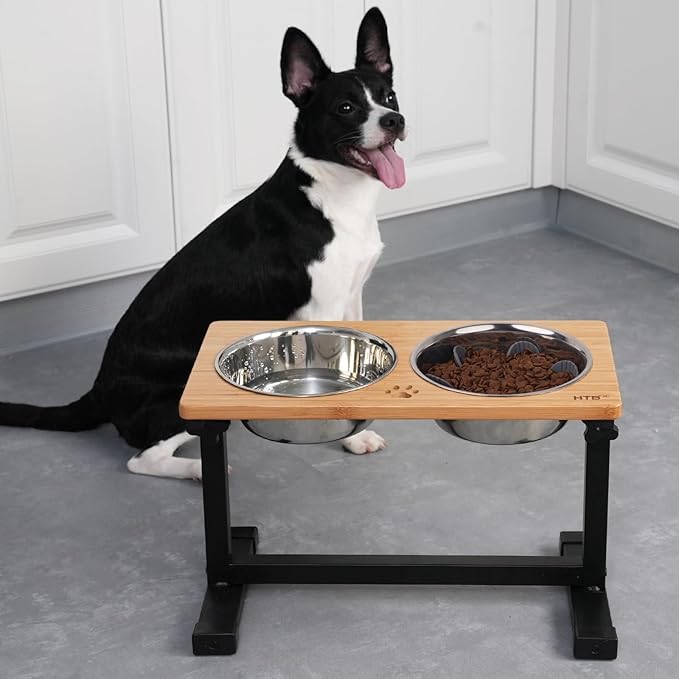 HTB Elevated Dog Bowls, Adjustable Pet Bowl Stand (Metal/Bamboo, 11.2'' to 16" Tall)