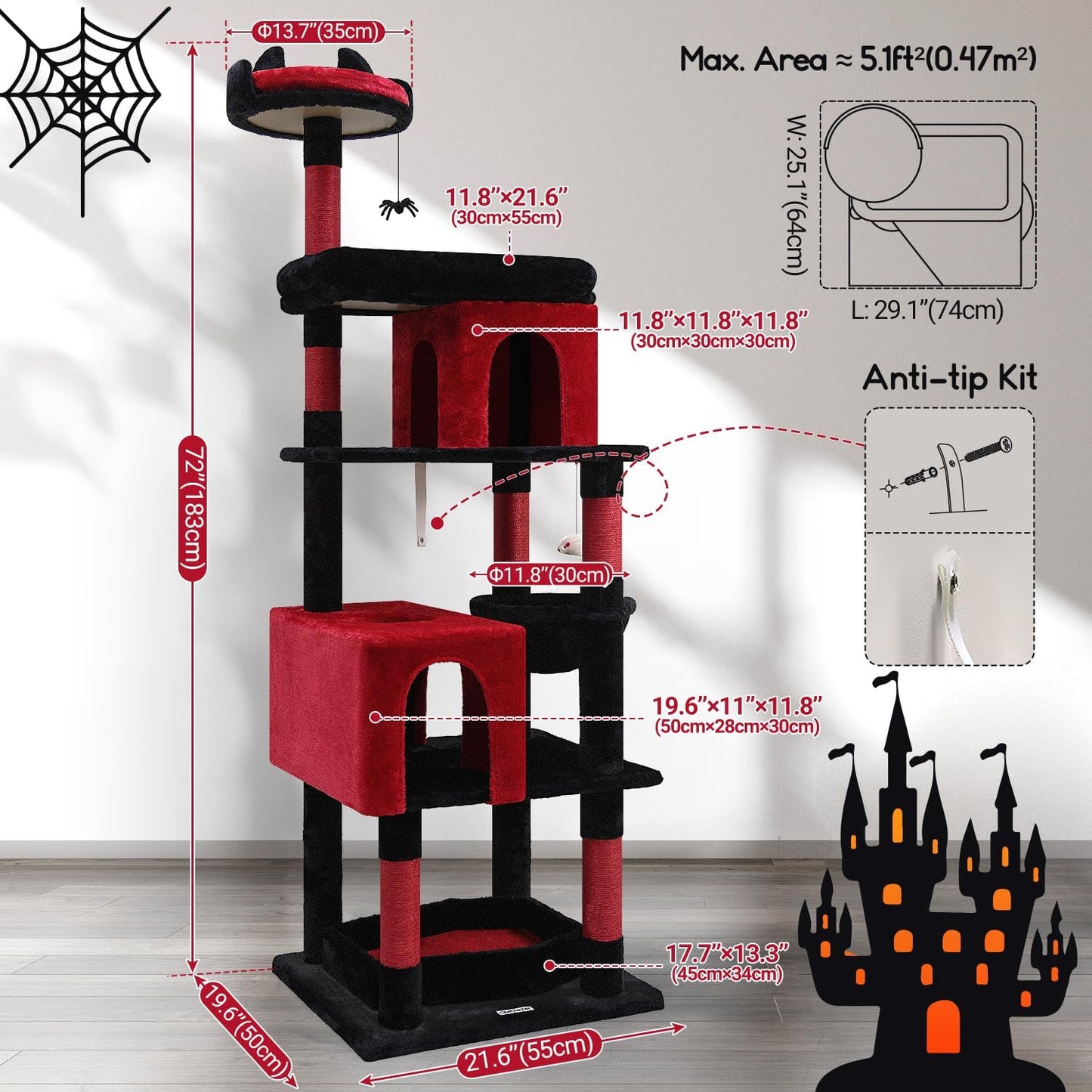 Globlazer Heavy Duty Gothic Cat Tree, 72in Large Cat Tower with Coffin Bed, Sturdy Maine Coon Cat Tree for Large Cats 20 lbs+, Medieval Castle Style with 6 Scratching Posts & Hammock, S72, Black & Red