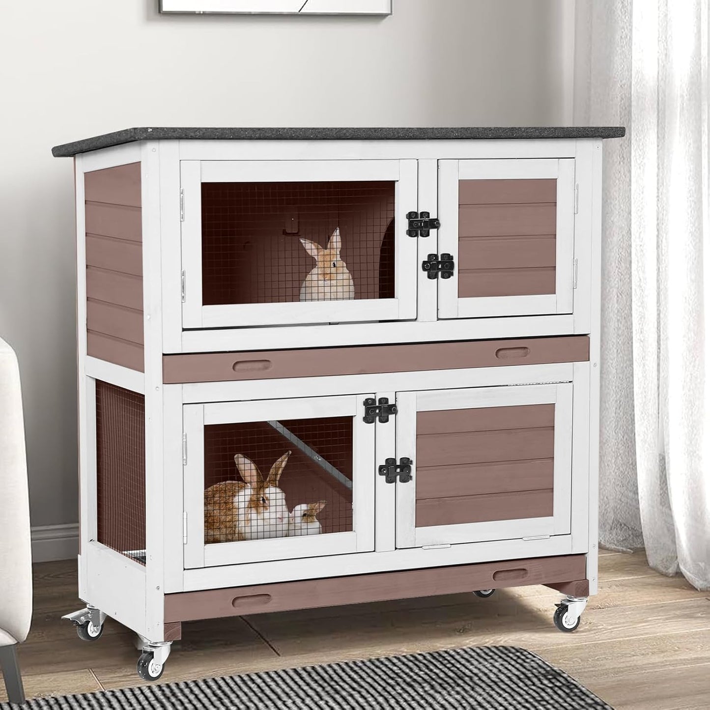 GUTINNEEN Rabbit Hutch Indoor with Chew-Proof Design, Wooden Bunny Cage Guinea Pig Cages with Lockable Wheels, Leak-Proof Trays for 1-3 Rabbits, Guinea Pigs, Small Animals (Brown)