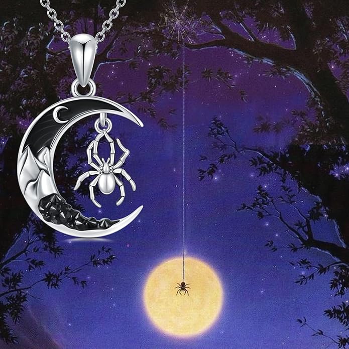 Gothic Jewelry Bat/Cat/Wolf/Dragon/Owl/Fox/Spider/Sun Pendant Sterling Silver Crescent Moon Necklace for Women Girls Black Jewelry Gifts