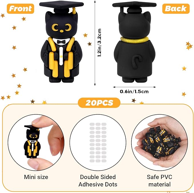 Graduation Cat Figures, 2025 Graduation Party Favors 20PCS Mini Resin Black Cat with Cap Grad Gift for Her Him