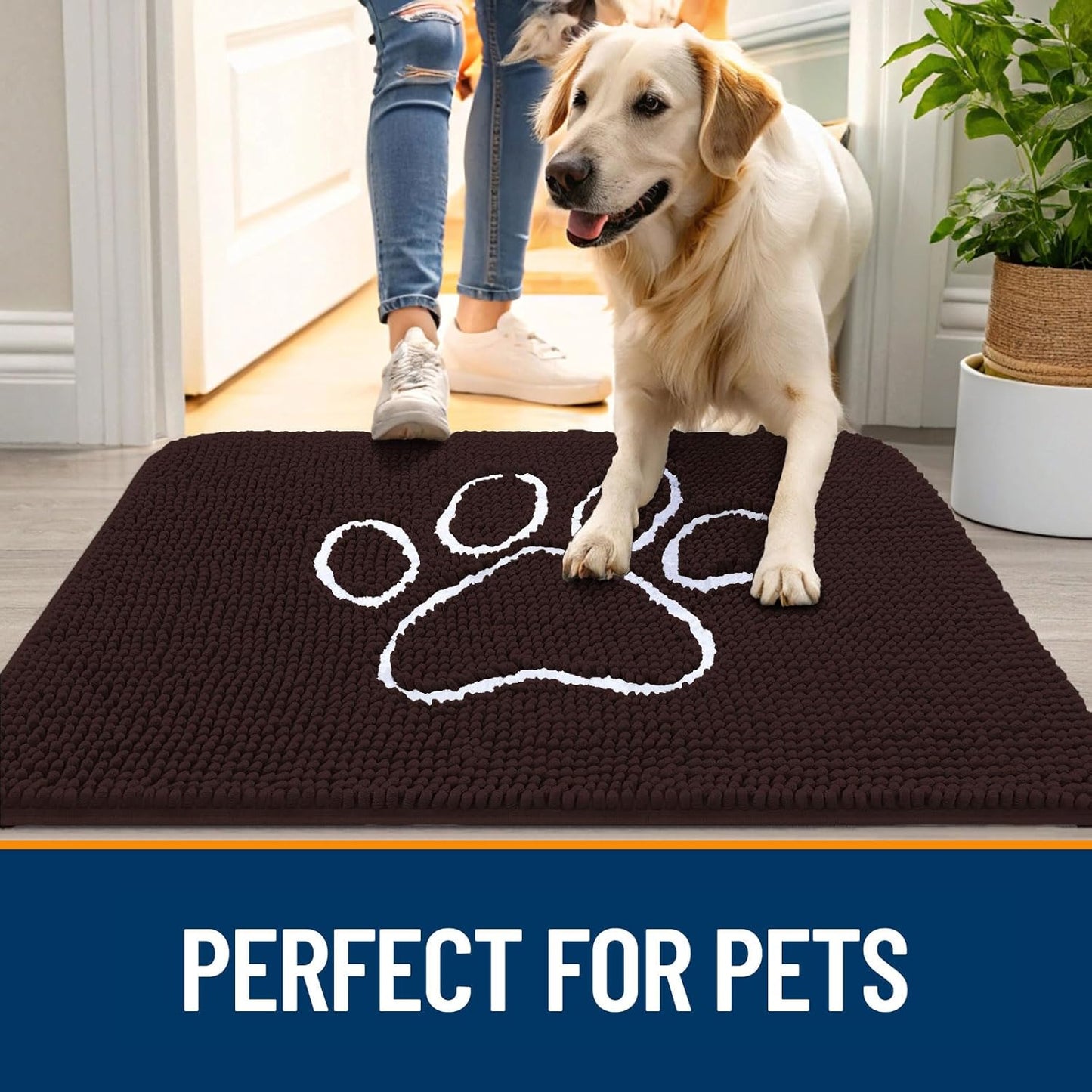 OLANLY Door Mat for Muddy Dog Paws 30x20, Ultra Absorbent Chenille Mud Doormat with Paw Print Design, Non-Slip Washable Doormat for Indoor Entryway, Quick-Dry Pet Bed Mats for Dirty Dogs, Brown