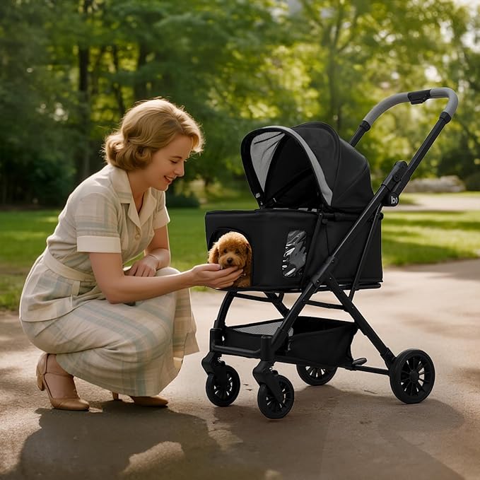 Lightweight Dog Stroller for Small Dogs & Cats Portable Compact Folded Pet Stroller Up to 35lbs Medium Pets One Click Folding Large Cat Carriage with Convertible Canopy Storage Basket-Black