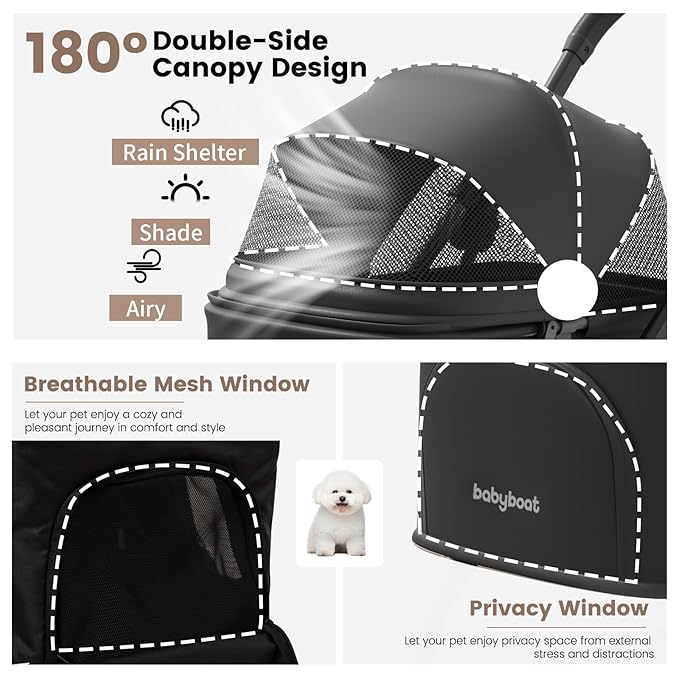 Lightweight Dog Stroller for Small Dogs & Cats Portable Compact Folded Pet Stroller Up to 35lbs Medium Pets One Click Folding Large Cat Carriage with Convertible Canopy Storage Basket-Black