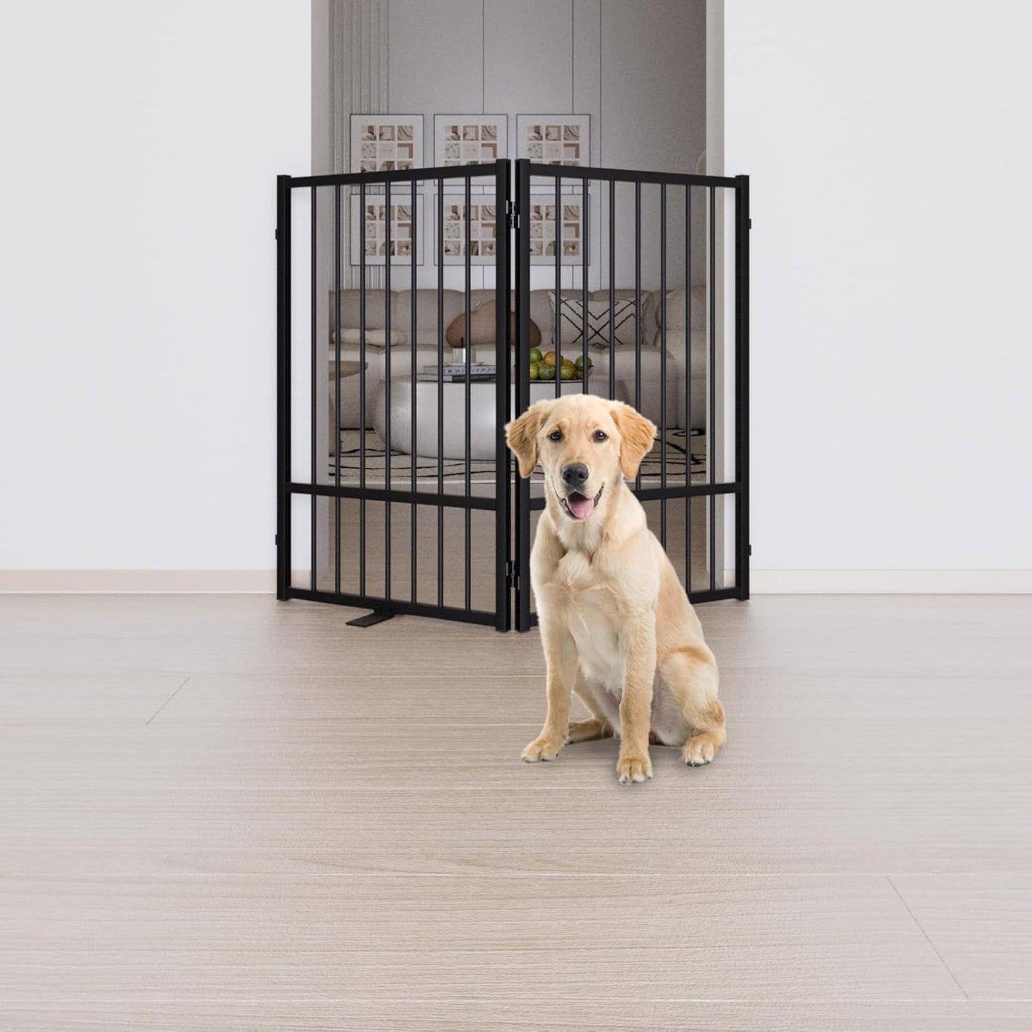 Full Metal Freestanding Dog Gate with Door, 32''Height Foldable Pet Dog Fence for Indoor & Outdoor, 2 Panels Extra Wide Free Standing TallDog Gates for Doorways,House,Stairs,Porch,Deck,Yard