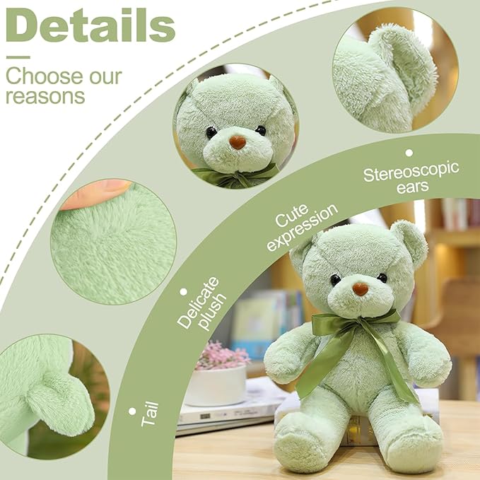 Green Teddy Bear Stuffed Animal 13.4” Soft Small Stuffed Teddy Bear Plush Toy Cute Cuddly Bear Plush for Kids Girls Birthday Mother's Day Graduation Wedding Party