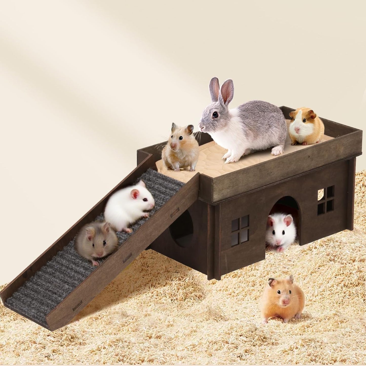 Guinea Pig Hideout, Upgraded Guinea Pig Castle House, Wooden Rabbit Hideout, Guinea Pigs Hideouts and Houses, Large Bunny House, Small Animal Chinchilla House Habitats with Stairs
