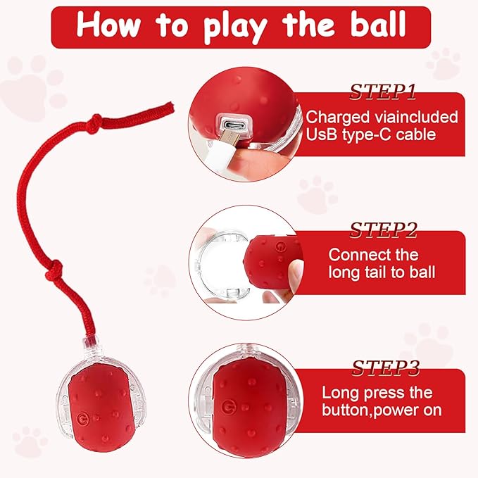 Interactive Cat Toys Smart Ball for Cats & Dogs! Now with 2 Rapid Tails. Features: 360°Auto-Rolling, Motion Activation& Bird Sounds. Perfect for Indoor Pet Exercise & Fun. (Red&Blue)