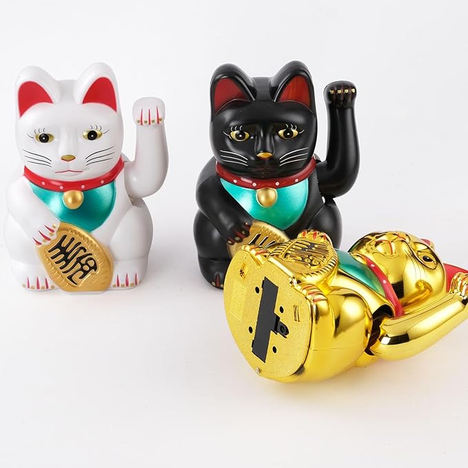 Gold/Black/White Maneki Neko Lucky Cat,Fengshui Cat- Waving Arm Battery Operated for Fortune Money and Good Luck (Gold, 6 in)