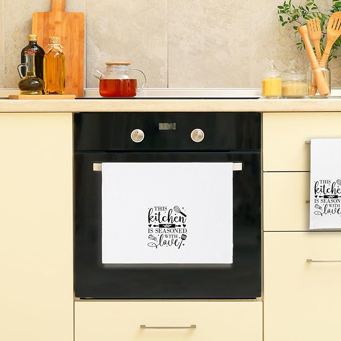 Funny Kitchen Towels with Sayings This Kitchen is Seasoned with Love Soft Dish Towels Chef Gifts for Kitchen Decor Sweet Housewarming Gifts Novelty Towels Gifts for Women Men Hostess Friend