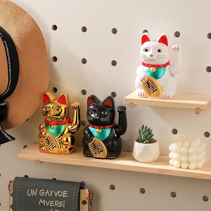 Gold/Black/White Maneki Neko Lucky Cat,Fengshui Cat- Waving Arm Battery Operated for Fortune Money and Good Luck (White, 10 in)