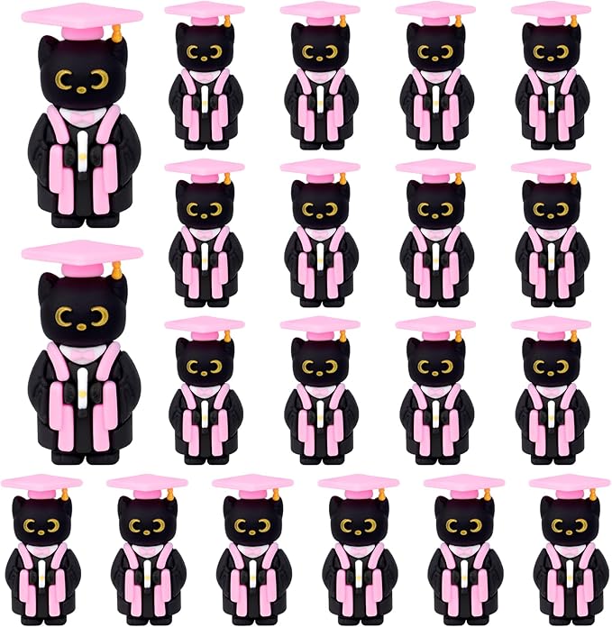 Graduation Cat Figurines, 20 PCS Black Cat Mini Resin with Cap Graduation Decorations Class of 2025, PVC Miniature Black Kitten Figures Grad Gifts Party Favors Cake Topper