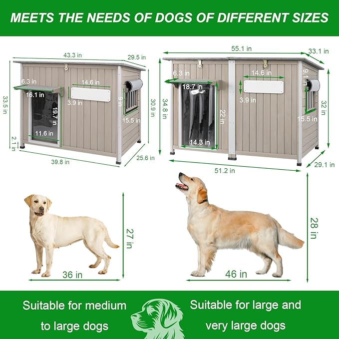 Dog House Outdoor Weatherproof & Wooden Dog Kennel with Chew-Proof Iron Frame,Removable Floor, Adjustable Vent Window, Easy Assembly for Large and Extra-Large Dogs 55.1" D x 33.1" W x 34.8" H