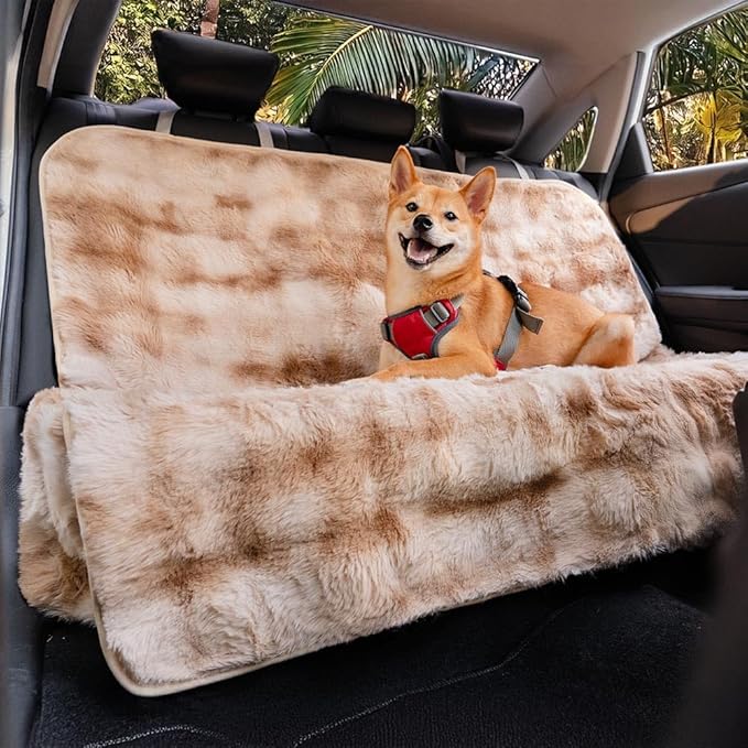 FUNNY FUZZY Fluffy Dog Car Seat Cover for Back Seat (Bench), Water-Resistant with Nonslip Backing,Pet Seat Protector for Cars SUVs Trucks(Brown
