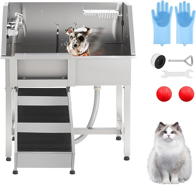 JoyJoy Stainless Steel Dog Washing Station - Dog Bath Tub for Large, Medium, Small Dogs, Pet Grooming Tub with Ramp, Non-Slip Grate, Shower, Soap Box, Faucet, Drain for Home & Outdoor(38")