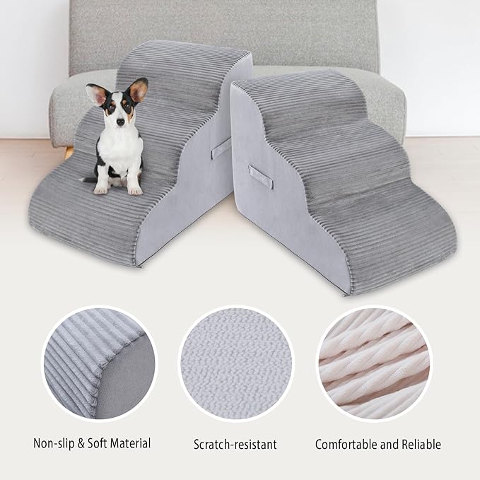 High Density Foam Dog Stairs Steps, 17.8’’ Non-Slip Extra Wide Deep Pet Steps for Beds Or Couches, for Injured or Older Pets Dogs and Cats with Joint Pain, 3-Tiers (Grey)