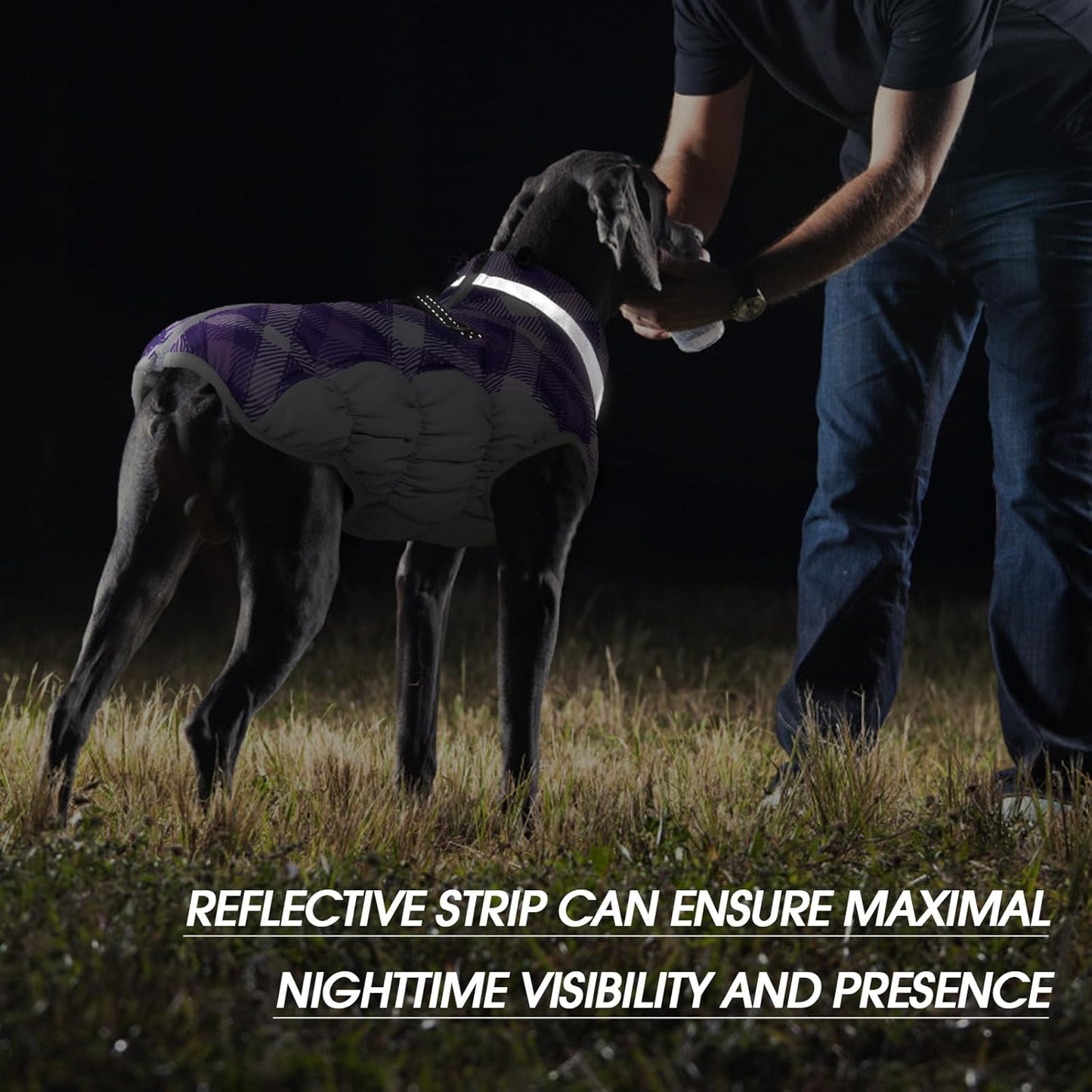 FUAMEY Dog Coat for Large Dogs,Waterproof Dog Winter Jacket with Harness Built in Puppy Cold Weather Coats Reflective Pet Vest with Zipper Warm Fleece Dogs Snowsuit Windproof Purple Plaid L