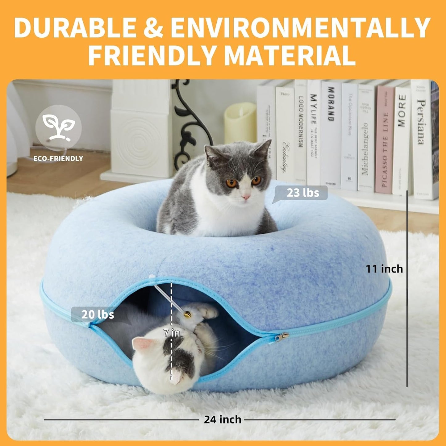 Jia Xi Cat Tunnel Bed and Hideout, Large Indoor Cat Condo with Cave (24 inch, Blue)