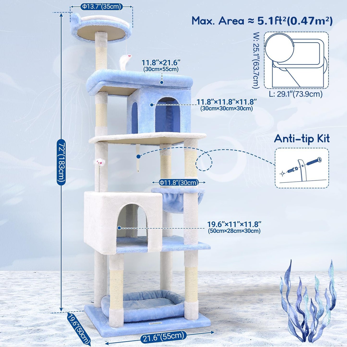 Globlazer Heavy Duty Cat Trees for Large Cats, Sturdy 72in Maine Coon Cat Tree for Large Cats 20 lbs+ Heavy Duty Cat Tower for Adult Biggest Cat with 6 Scratching Posts, Hammock, S72, Ocean Blue