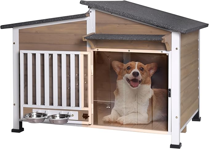 GUTINNEEN Dog House Outdoor with Anti-Chewing Metal Frame, Wooden Dog Kennel with 360Β° Rotating Feeding Bowl, Weatherproof Roof, for Indoor & Outdoor Use - Brown