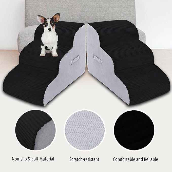 High Density Foam Dog Stairs Steps, Non-Slip Extra Wide Deep Pet Steps for Beds Or Couches, for Injured or Older Pets Dogs and Cats with Joint Pain (3-Tiers (Black))