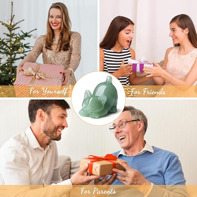 Green Aventurine Cat Crystal Statue Carved Room Decor Figurines for Natural Lazy Gemstones Home Sculpture Handcrafted Healing Stone Lucky Kitten Office Spiritual Gifts for Cat Lovers