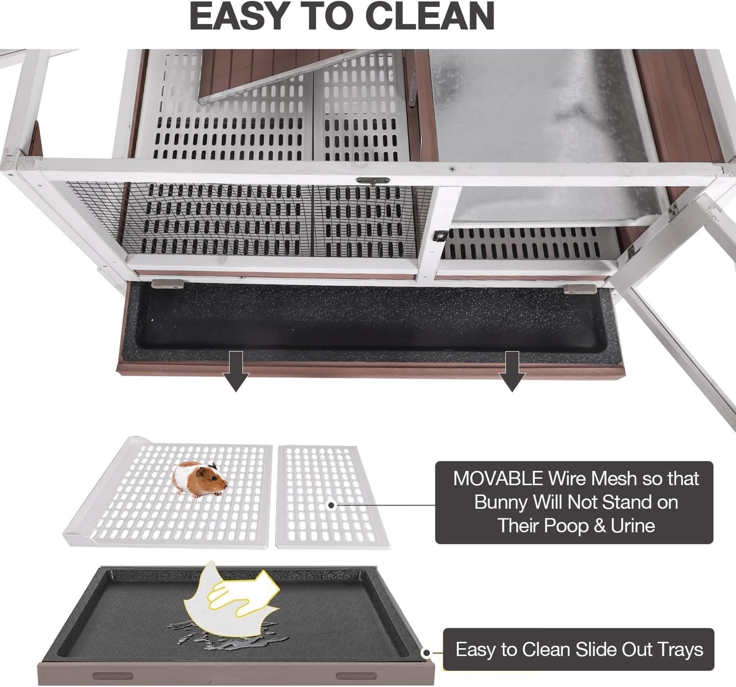 Guinea Pig Cage Indoor with Cool Zinc Plate Rabbit Hutch with Wheels and Removable Proof Tray Elevated Legs Hamster Cage with Chew-Resistant Metal Frame 36.6" L(Brown)